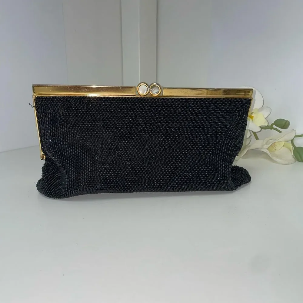 Walborg Black Beaded Clutch with Gold Accents
